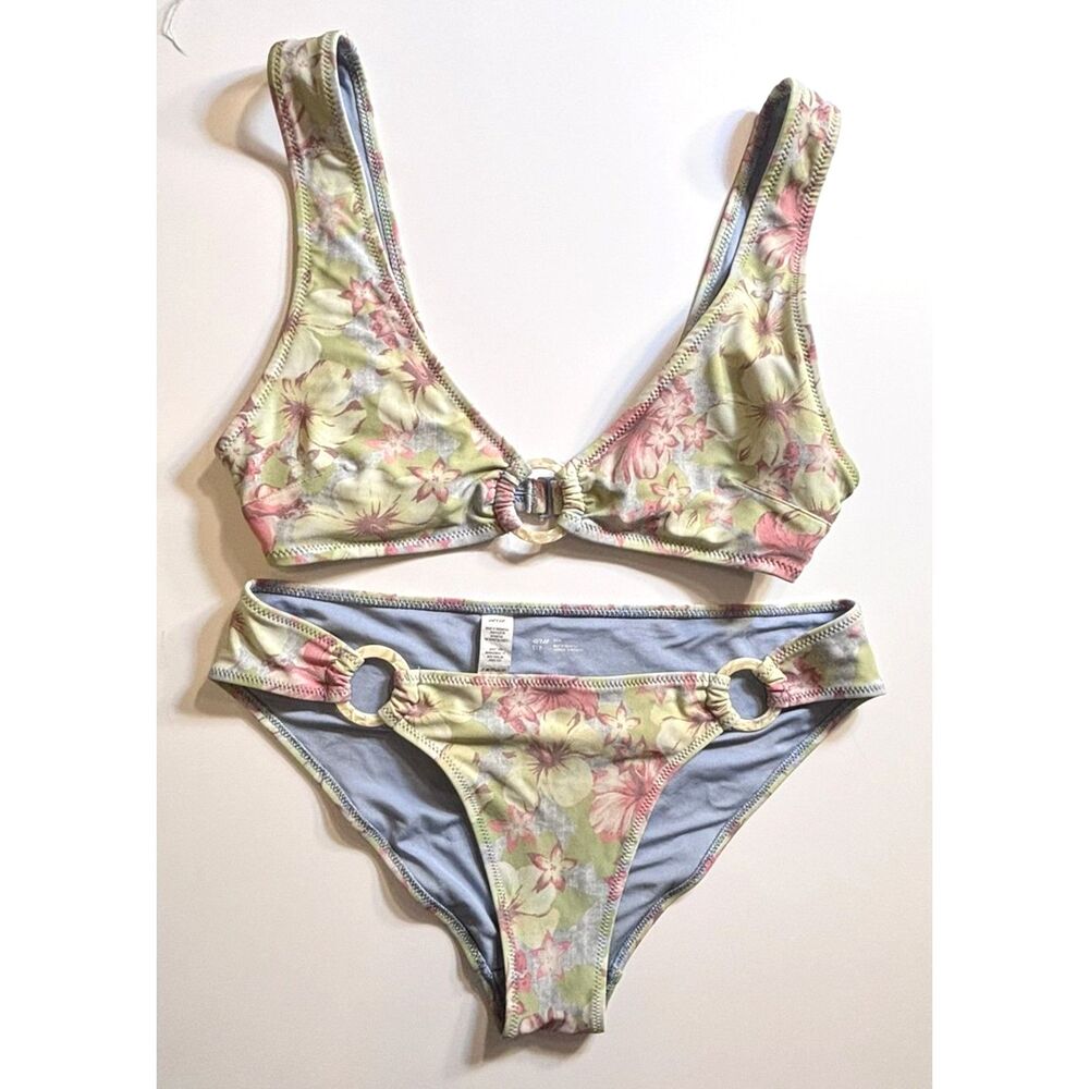 Aerie Floral Ring Detail Bikini Set Pastel Tropical Hibiscus Swimwear Y2 READ